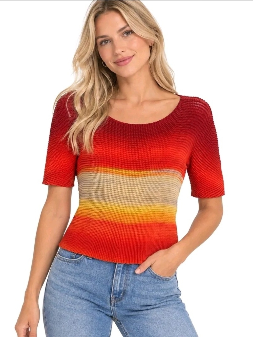 Women's Red Gradient Short-Sleeve Knit Sweater